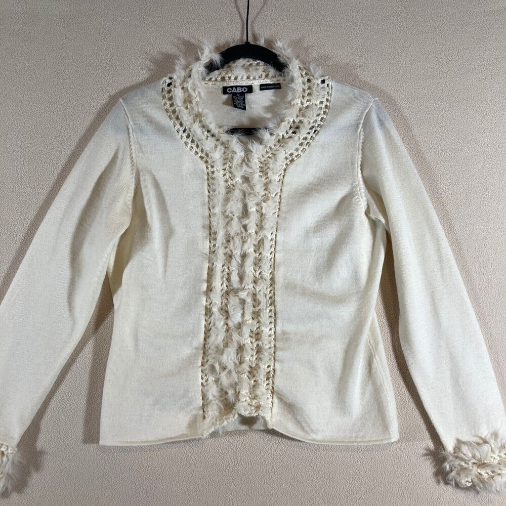 Cabo Cardigan Women's Med Ivory Rabbit Hair Trim Wool Blend Hook & Eye‎ Closure